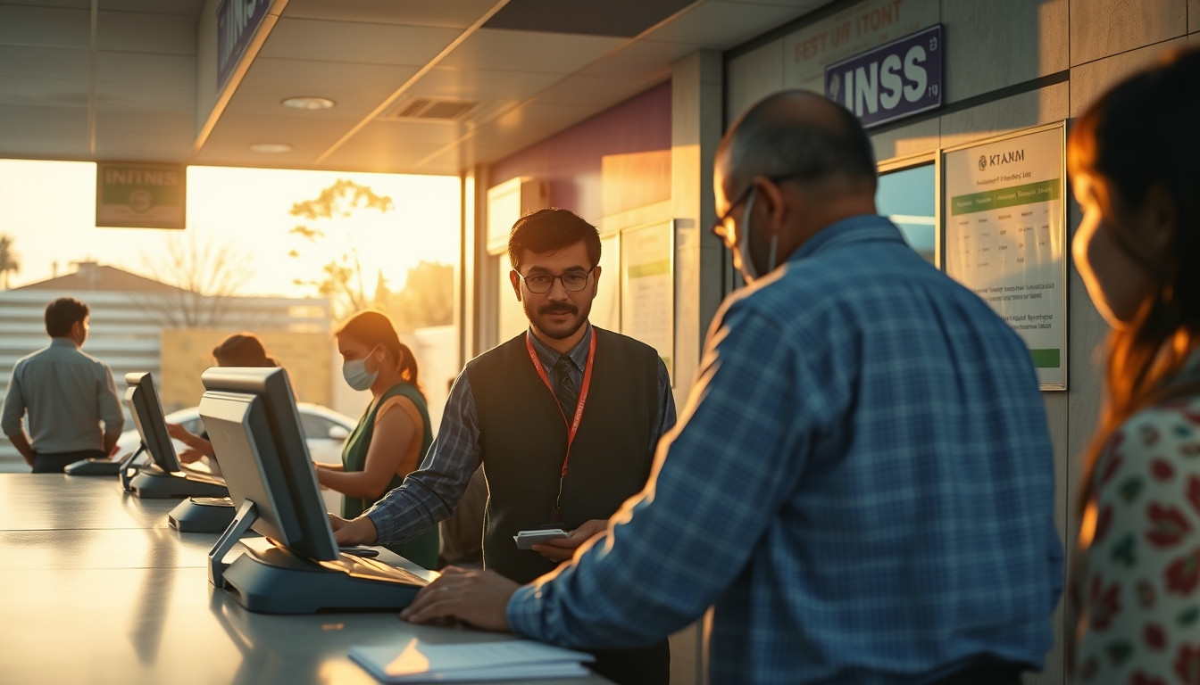 INSS branch employees helping citizens at the counter in editorial style