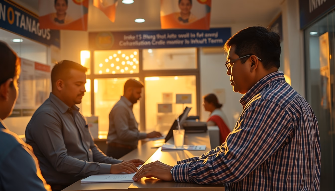 INSS branch employees helping citizens at the counter in editorial style