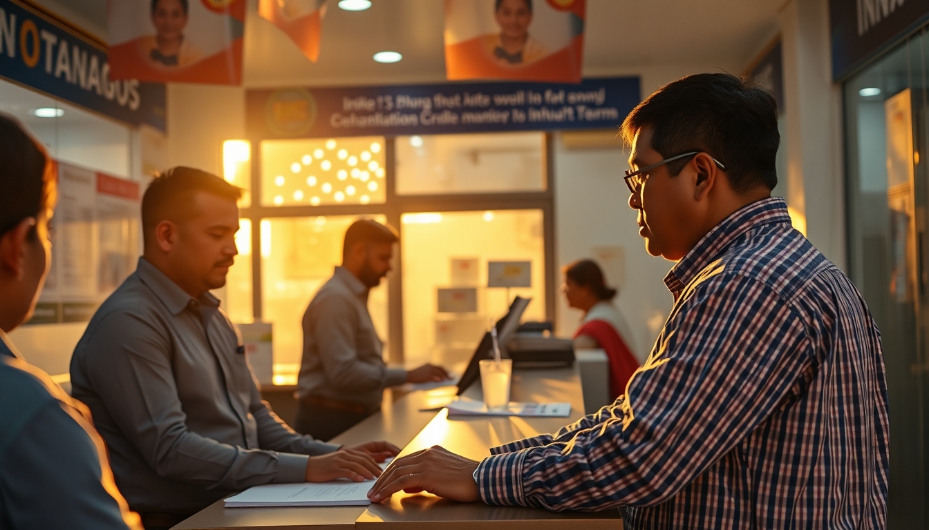 INSS branch employees helping citizens at the counter in editorial style