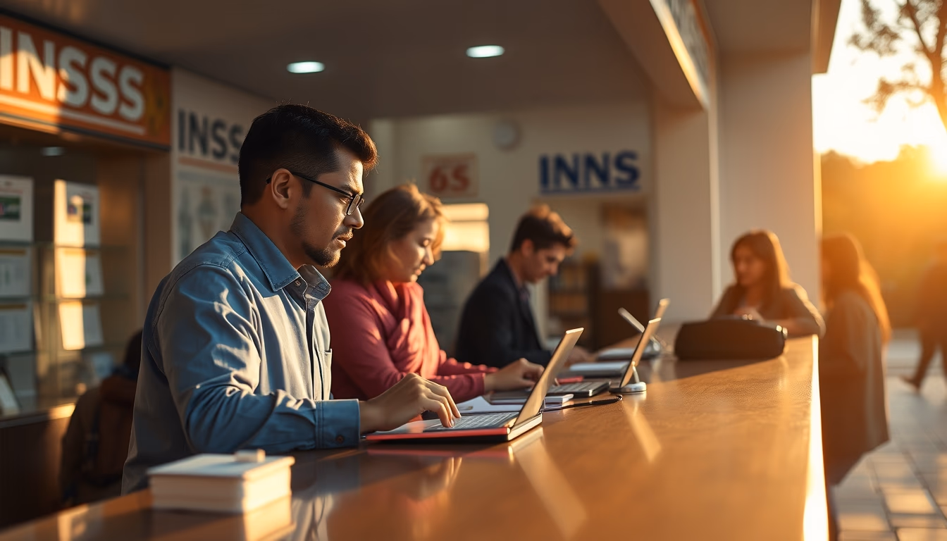 INSS branch employees helping citizens at the counter in editorial style