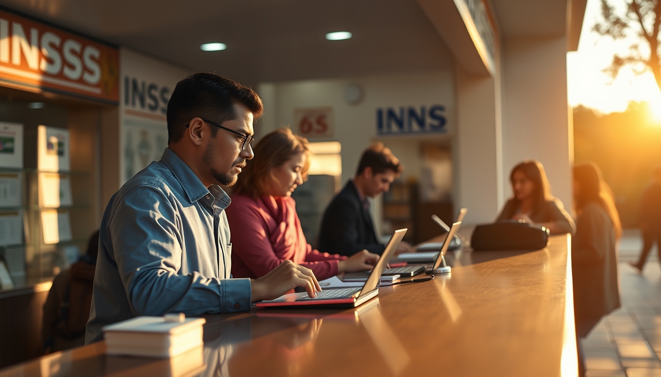 INSS branch employees helping citizens at the counter in editorial style