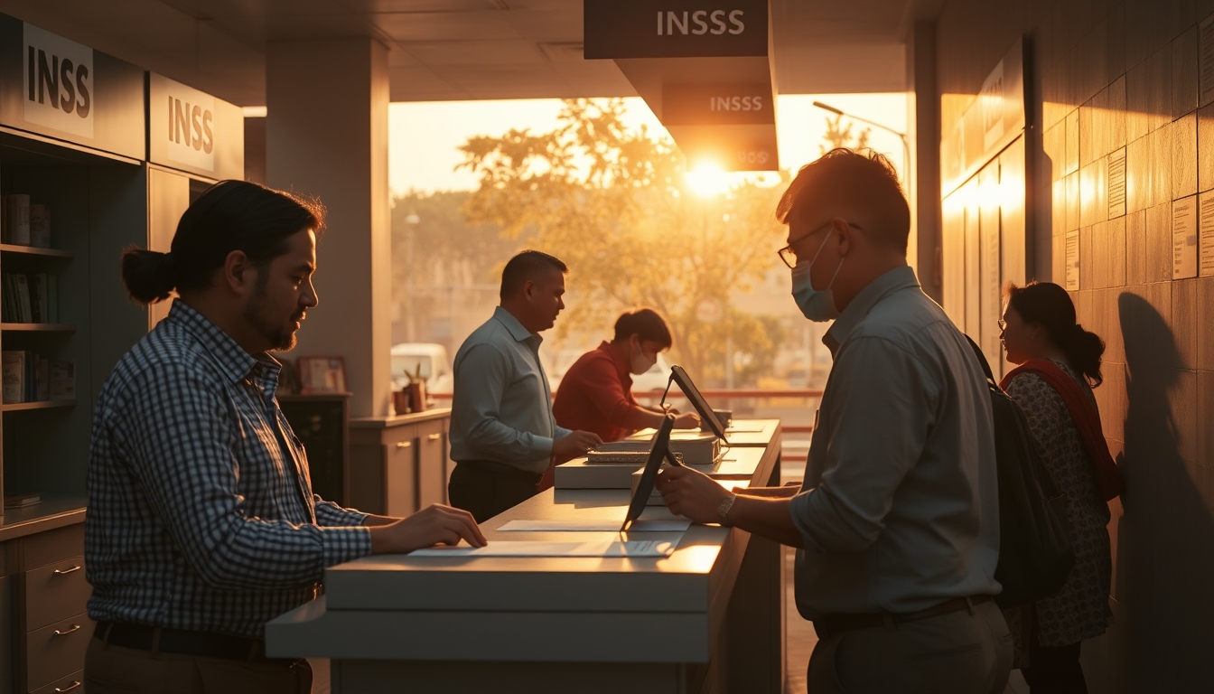 INSS branch employees helping citizens at the counter in editorial style