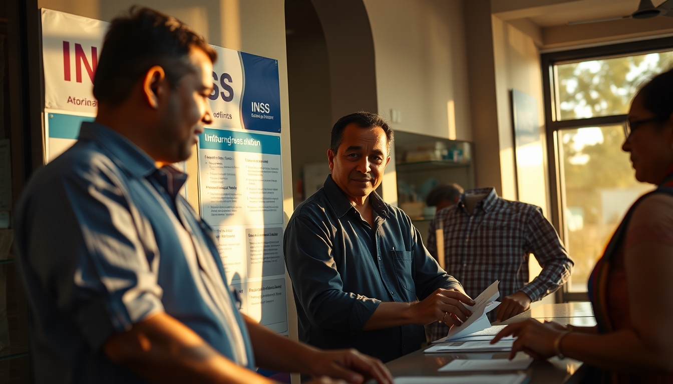 INSS branch employees helping citizens at the counter in editorial style