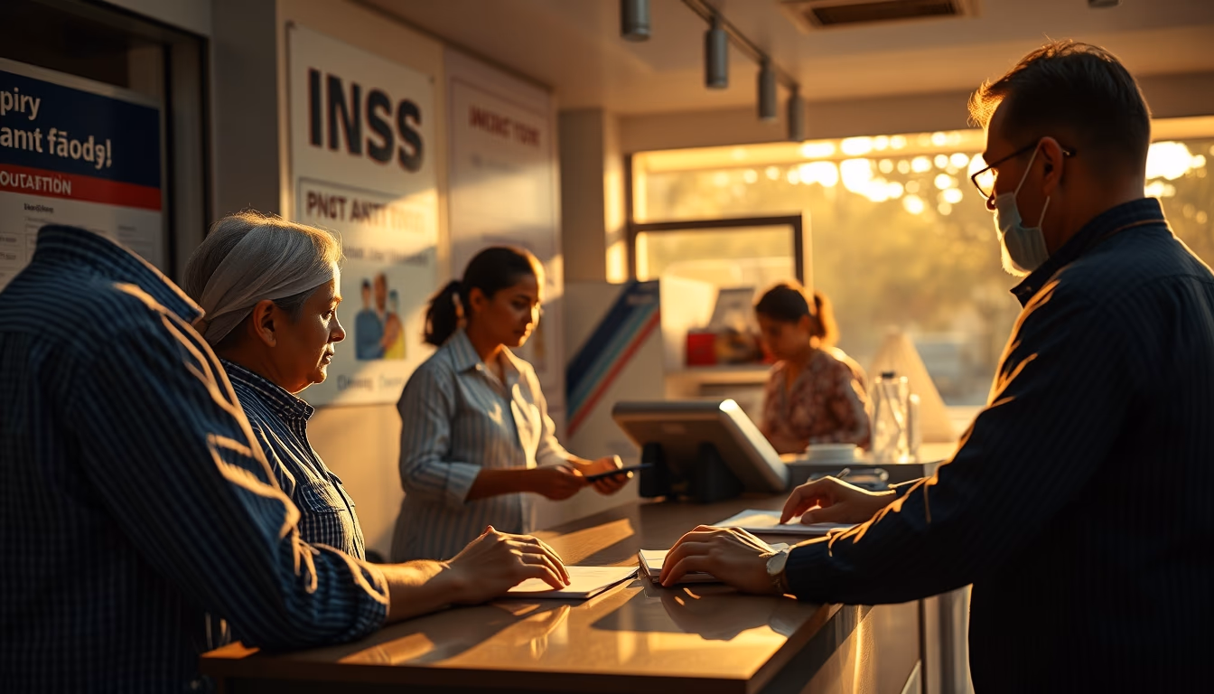 INSS branch employees helping citizens at the counter in editorial style