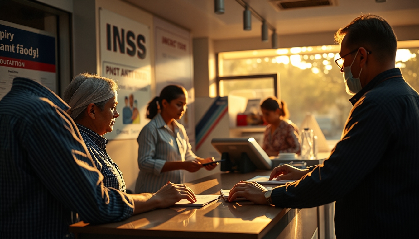INSS branch employees helping citizens at the counter in editorial style