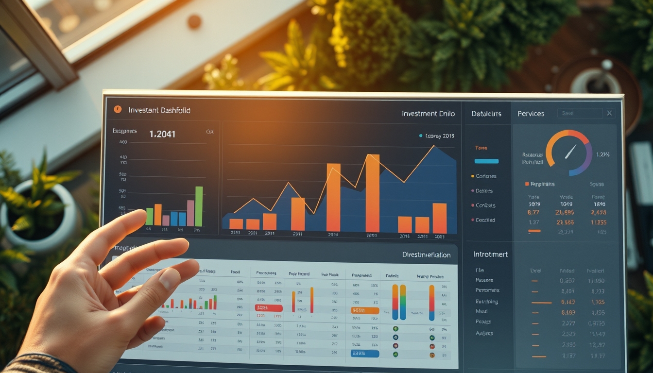 Dashboard de investimentos com gráfico de portfolio em estilo editorial
