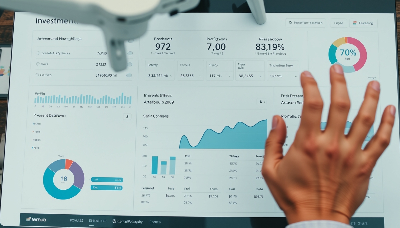 Dashboard de investimentos com gráfico de portfolio em estilo editorial