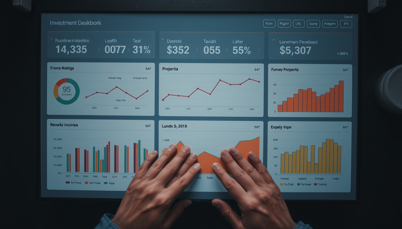 Dashboard de investimentos com gráfico de portfolio em estilo editorial