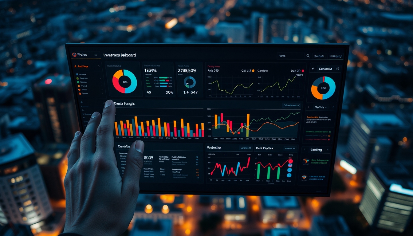 Dashboard de investimentos com gráfico de portfolio em estilo editorial