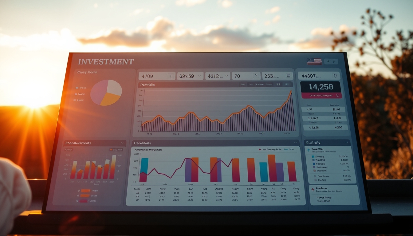 Dashboard de investimentos com gráfico de portfolio em estilo editorial