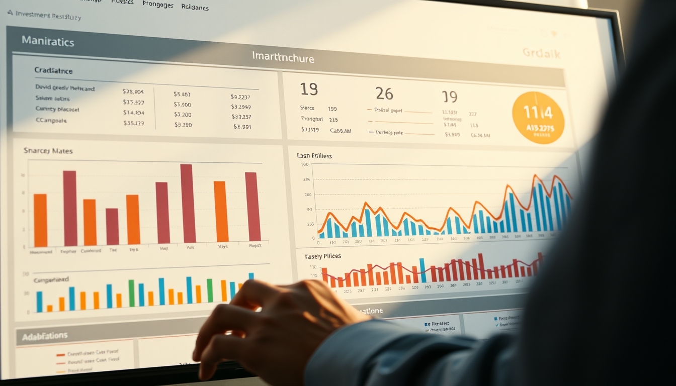 Dashboard de investimentos com gráfico de portfolio em estilo editorial
