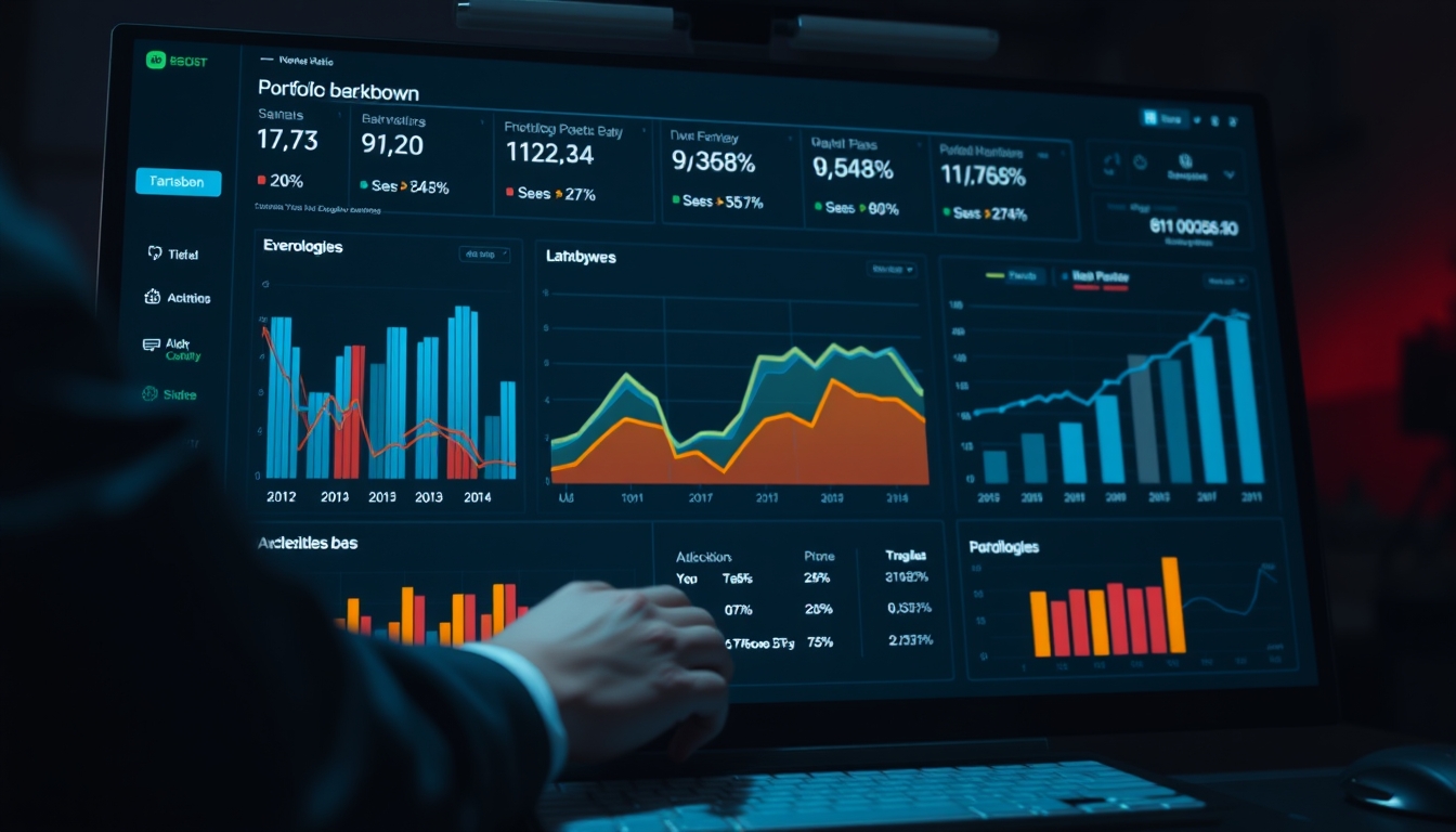 Dashboard de investimentos com gráfico de portfolio em estilo editorial