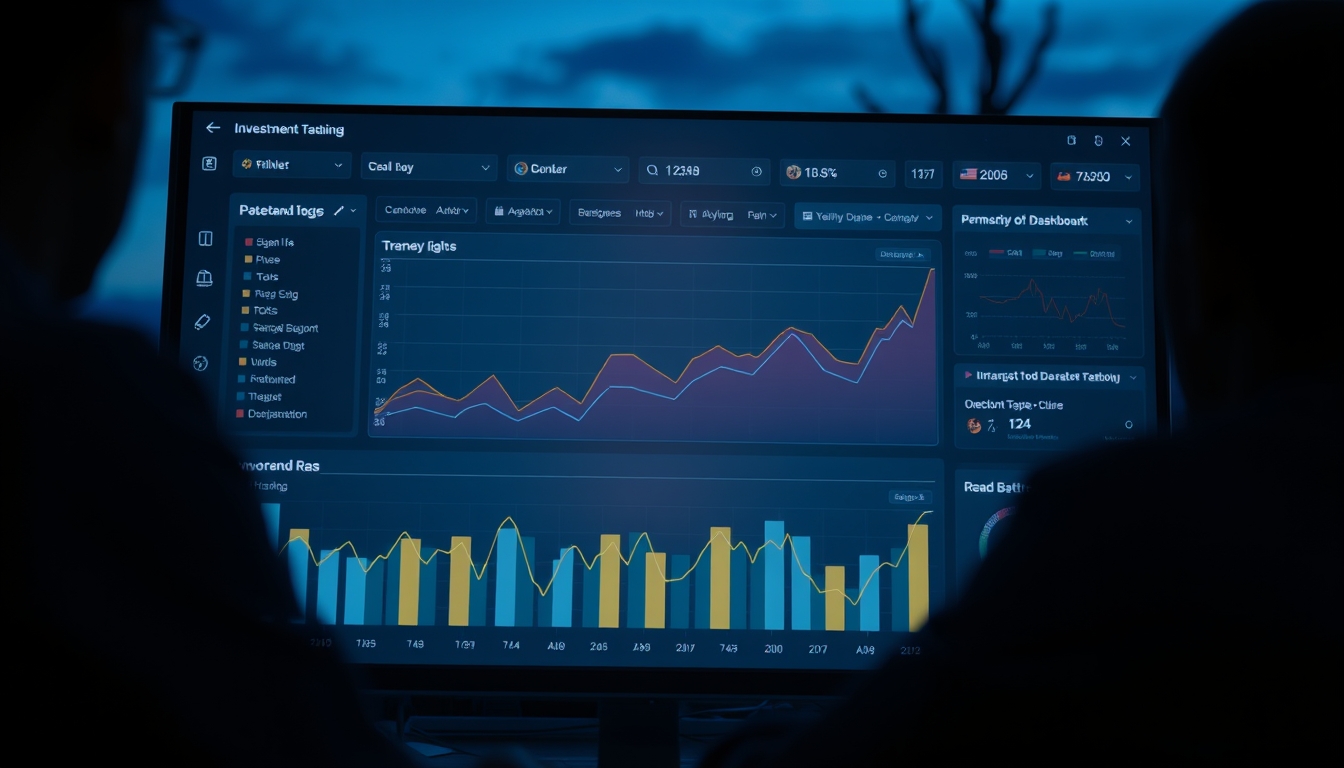Dashboard de investimentos com gráfico de portfolio em estilo editorial