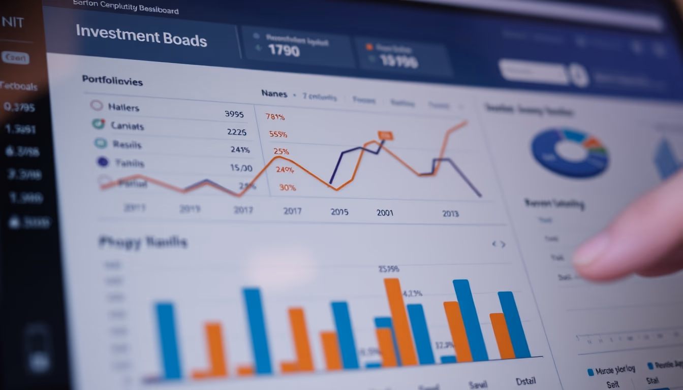 Dashboard de investimentos com gráfico de portfolio em estilo editorial