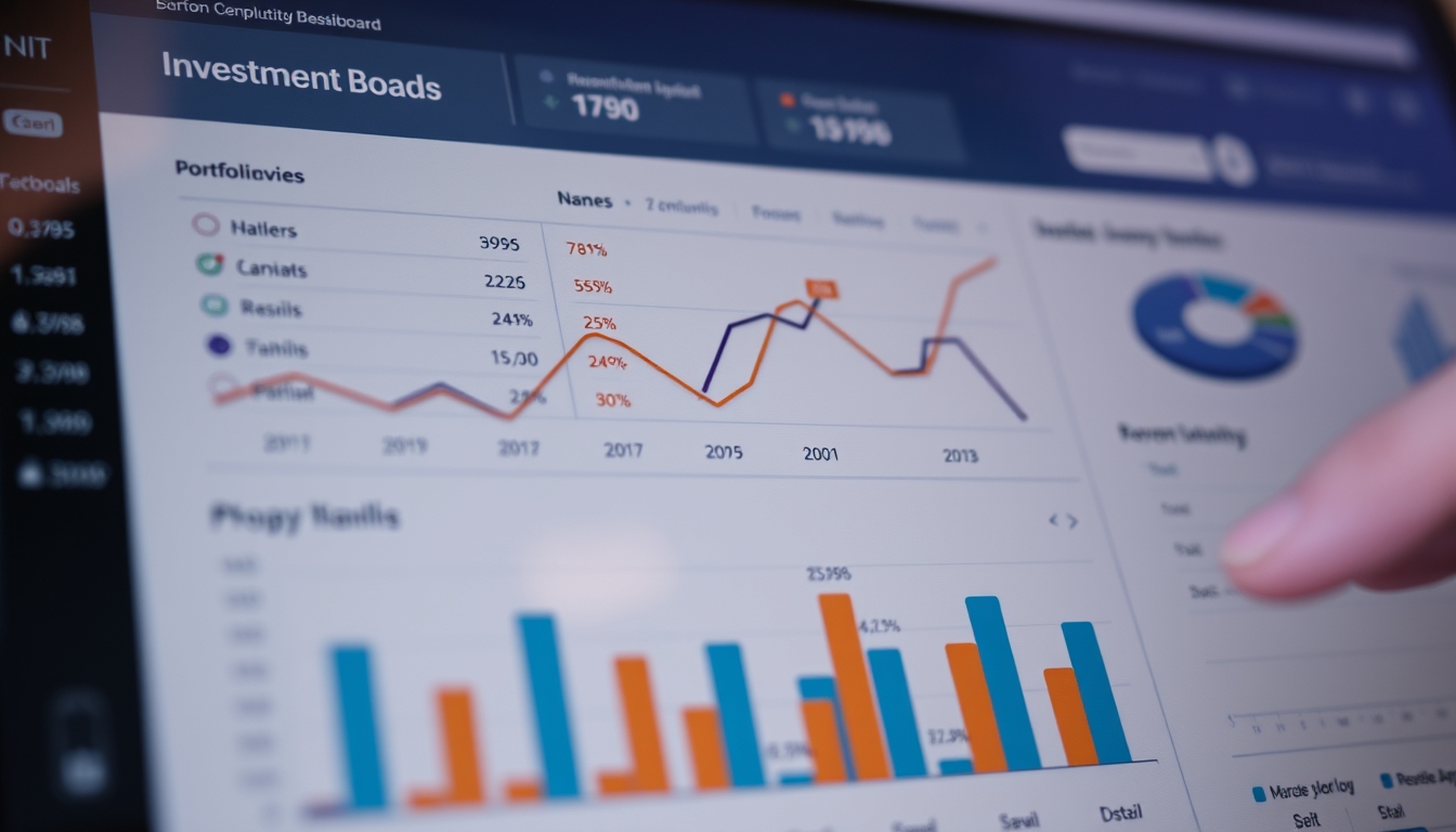 Dashboard de investimentos com gráfico de portfolio em estilo editorial