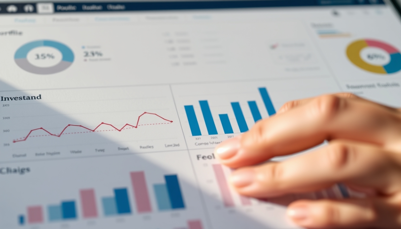 Dashboard de investimentos com gráfico de portfolio em estilo editorial