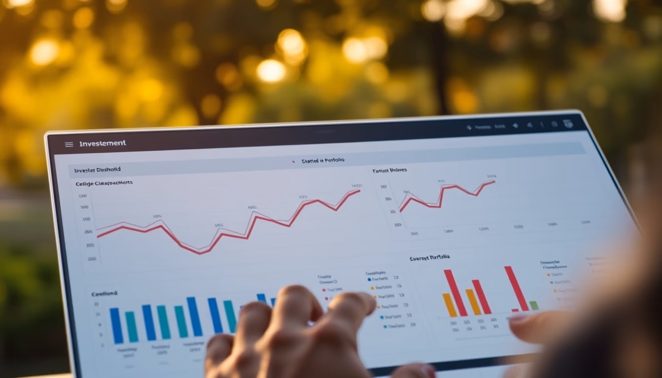Dashboard de investimentos com gráfico de portfolio em estilo editorial