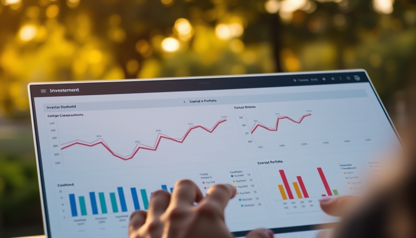 Dashboard de investimentos com gráfico de portfolio em estilo editorial