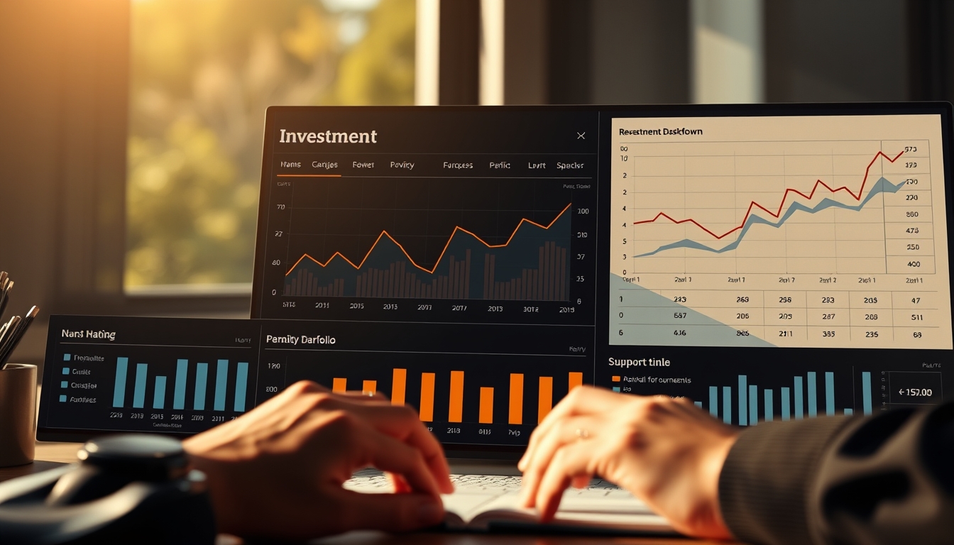 Dashboard de investimentos com gráfico de portfolio em estilo editorial