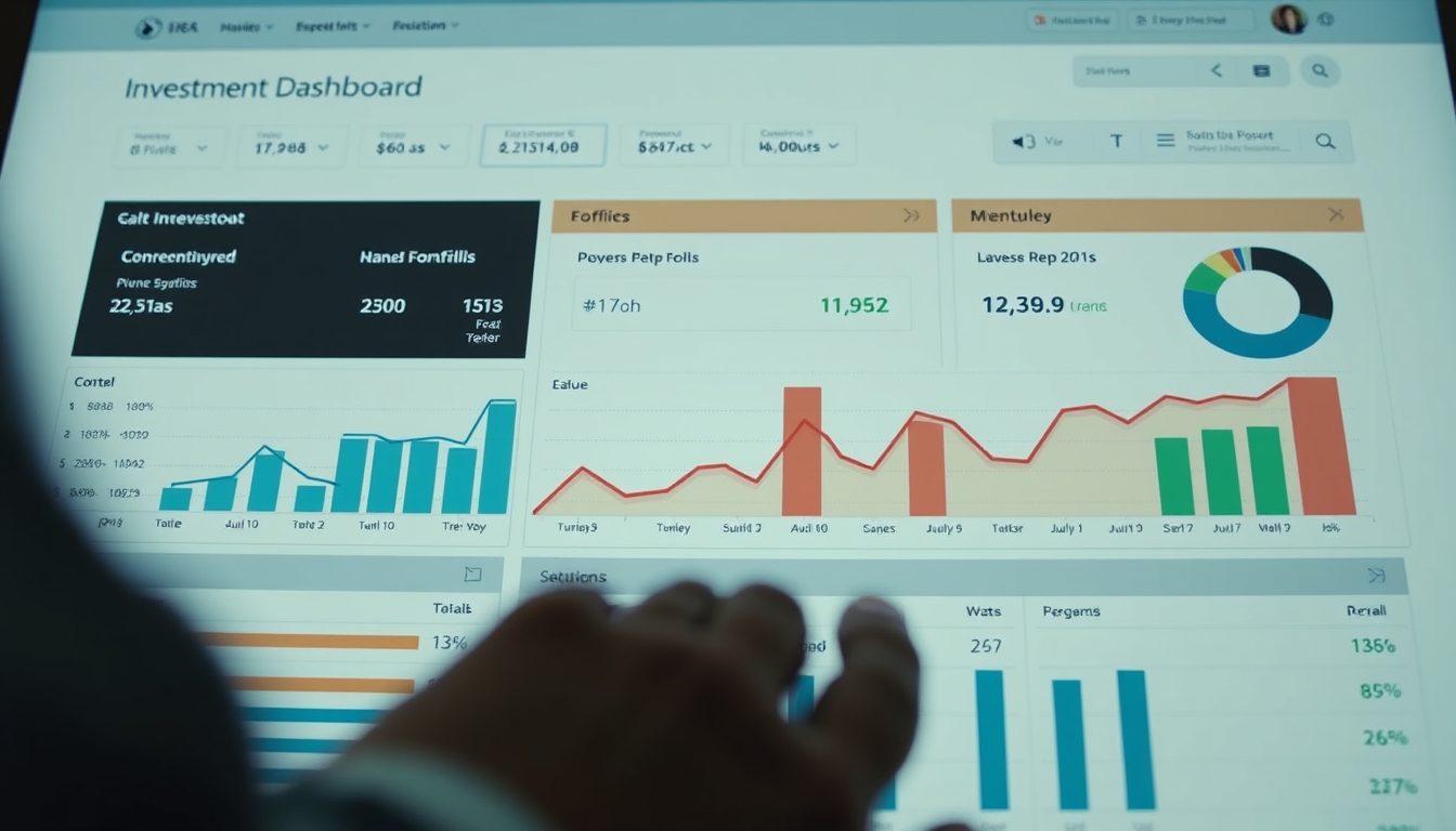 Dashboard de investimentos com gráfico de portfolio em estilo editorial