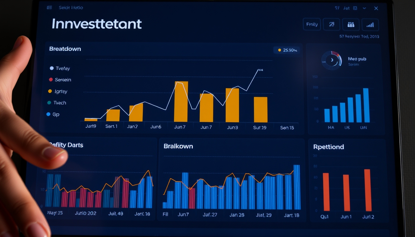 Dashboard de investimentos com gráfico de portfolio em estilo editorial