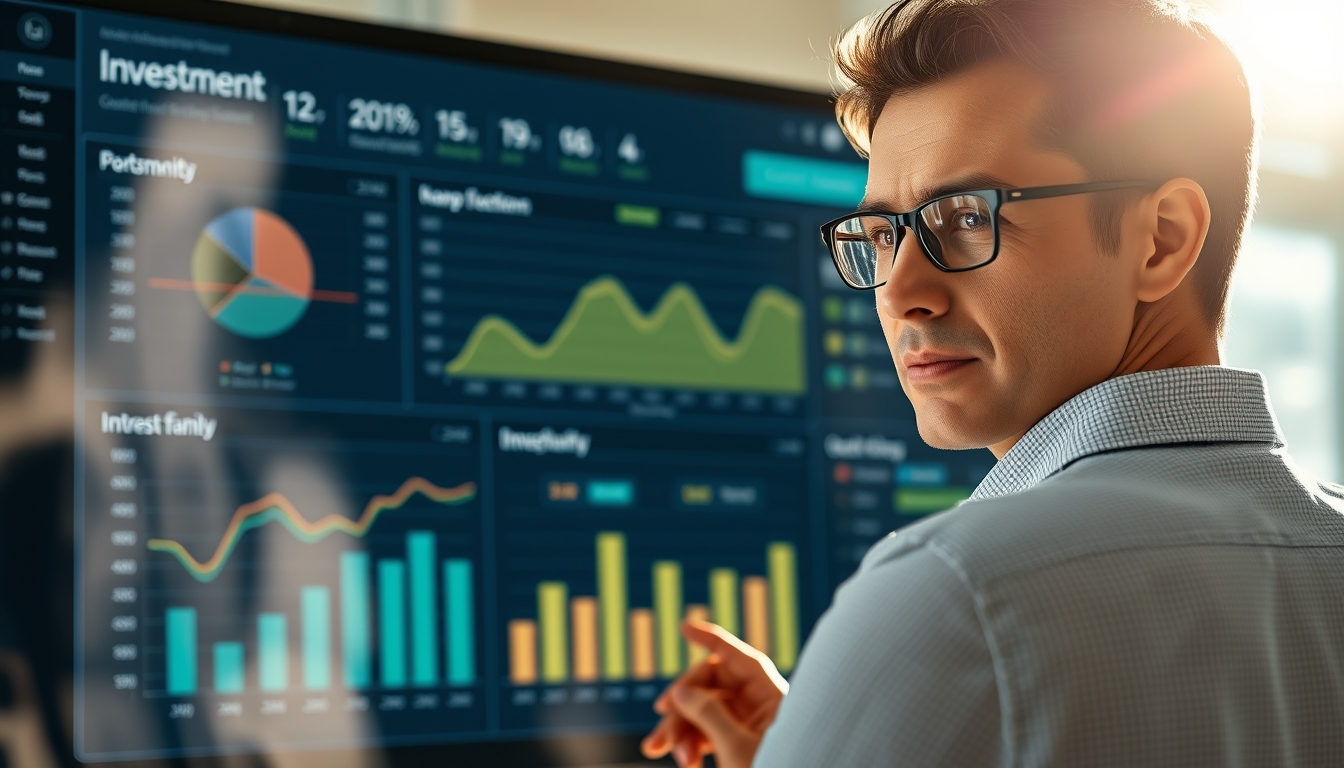 Dashboard de investimentos com gráfico de portfolio em estilo editorial