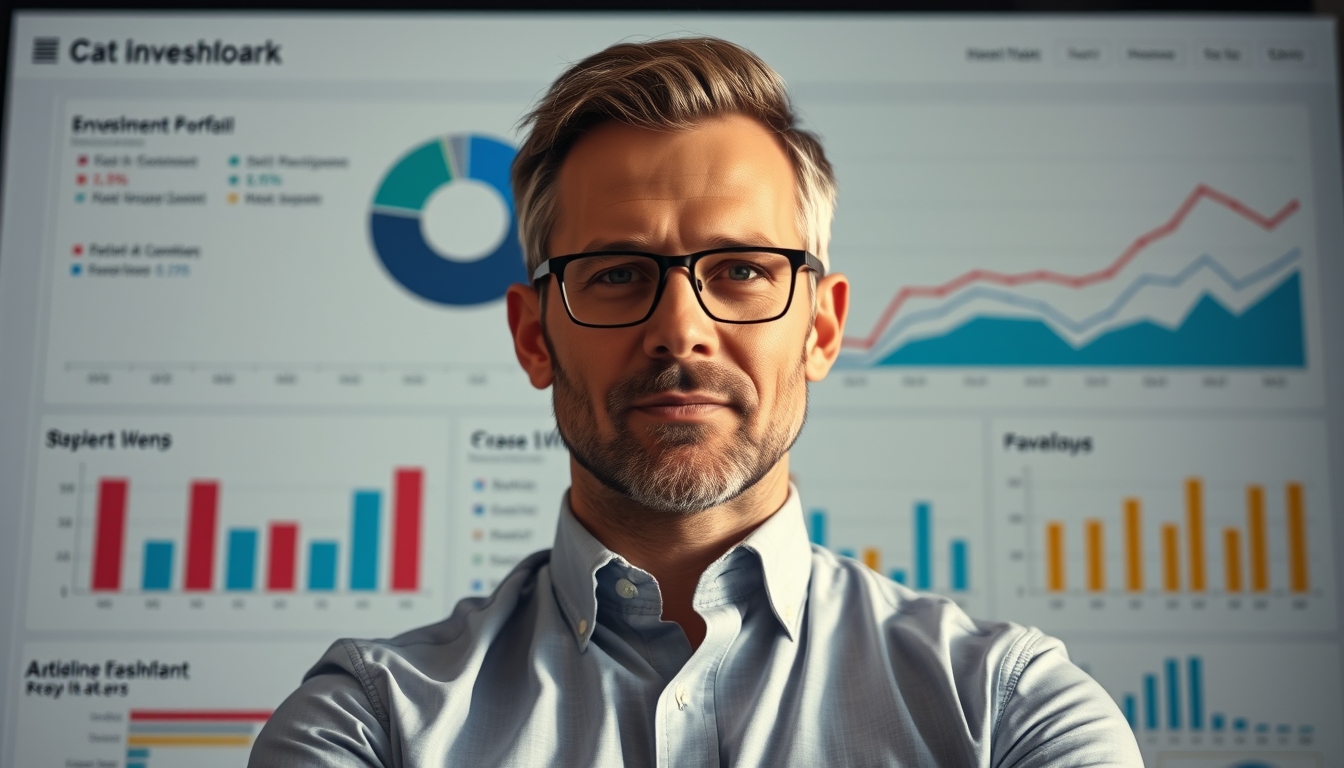 Dashboard de investimentos com gráfico de portfolio em estilo editorial