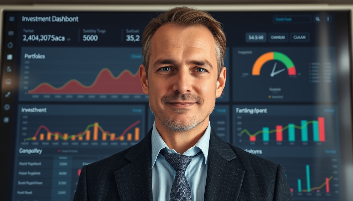 Dashboard de investimentos com gráfico de portfolio em estilo editorial