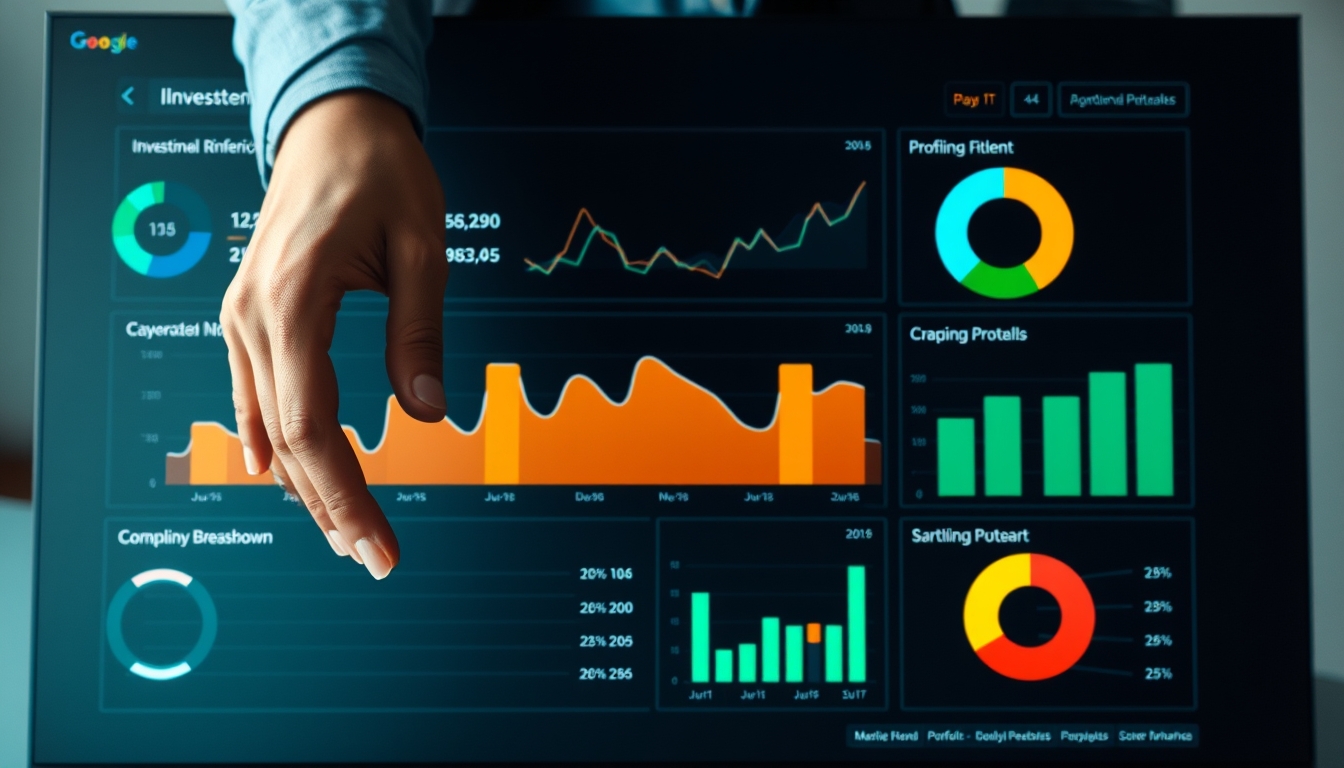 Dashboard de investimentos com gráfico de portfolio em estilo editorial