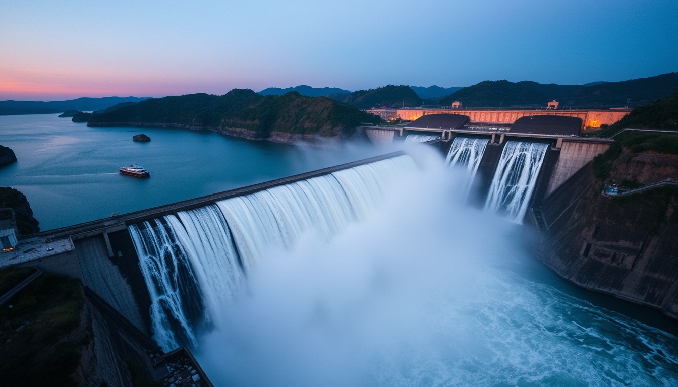 Itaipu hydroelectric dam aerial view with massive water release in editorial style