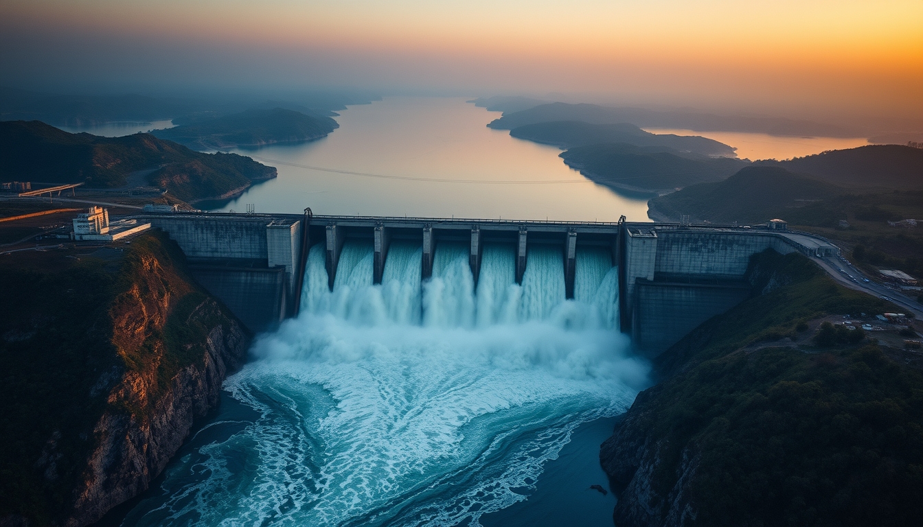 Itaipu hydroelectric dam aerial view with massive water release in editorial style