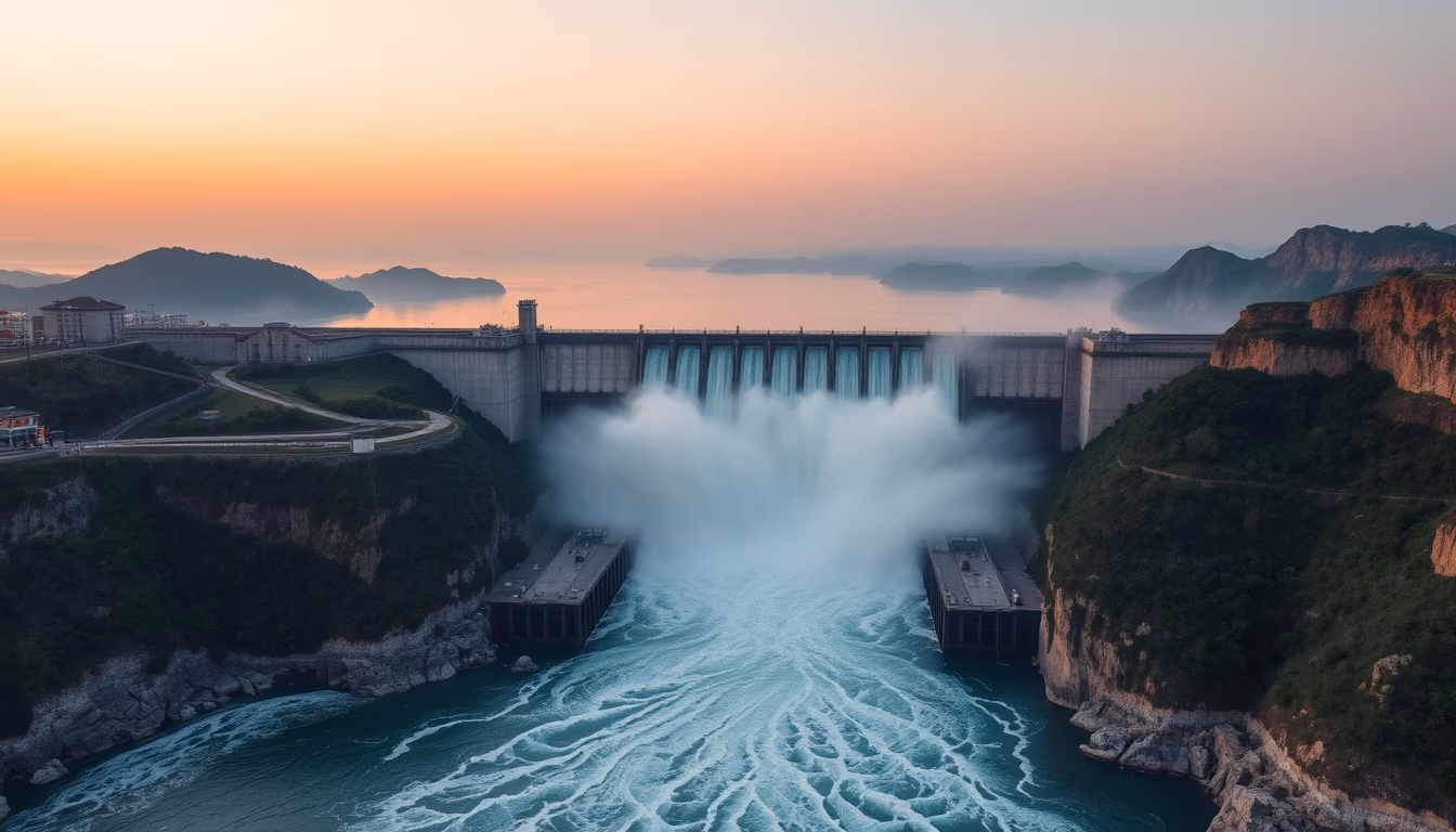 Itaipu hydroelectric dam aerial view with massive water release in editorial style