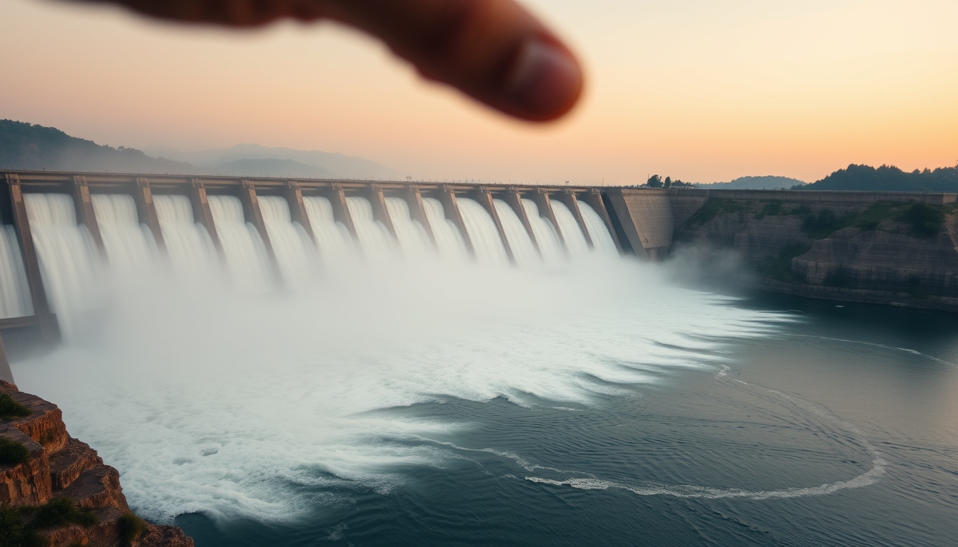 Itaipu hydroelectric dam aerial view with massive water release in editorial style