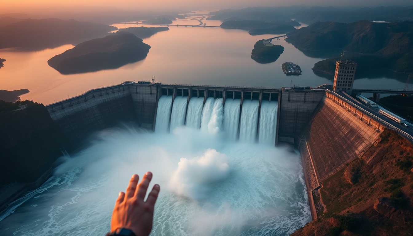 Itaipu hydroelectric dam aerial view with massive water release in editorial style