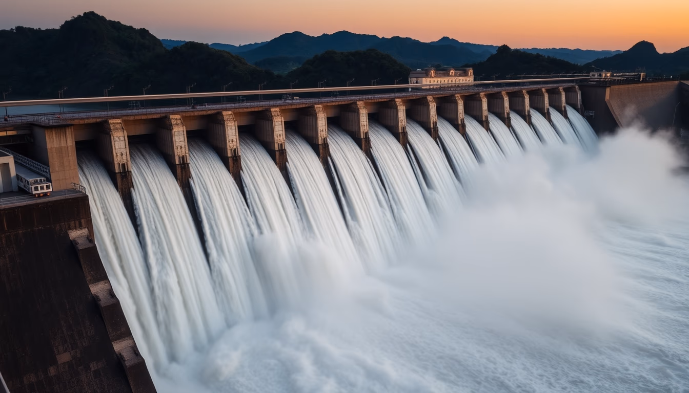 Itaipu hydroelectric dam aerial view with massive water release in editorial style