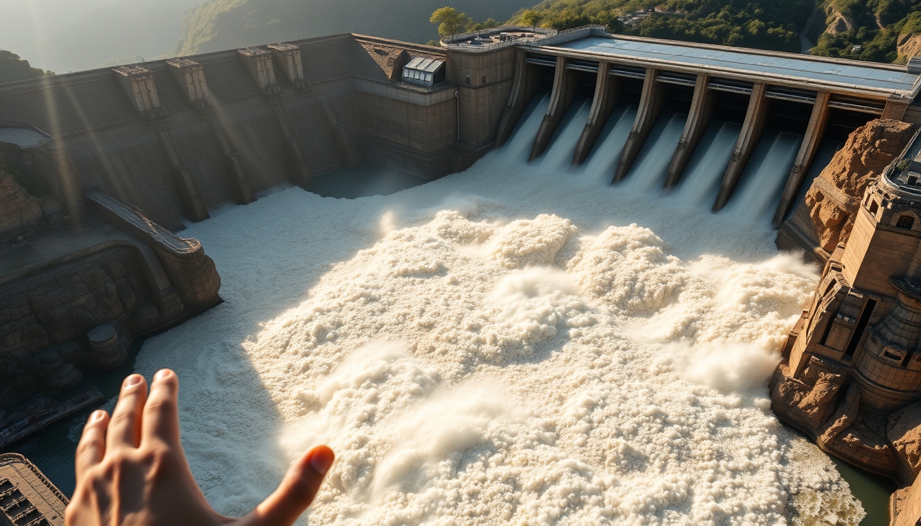 Itaipu hydroelectric dam aerial view with massive water release in editorial style