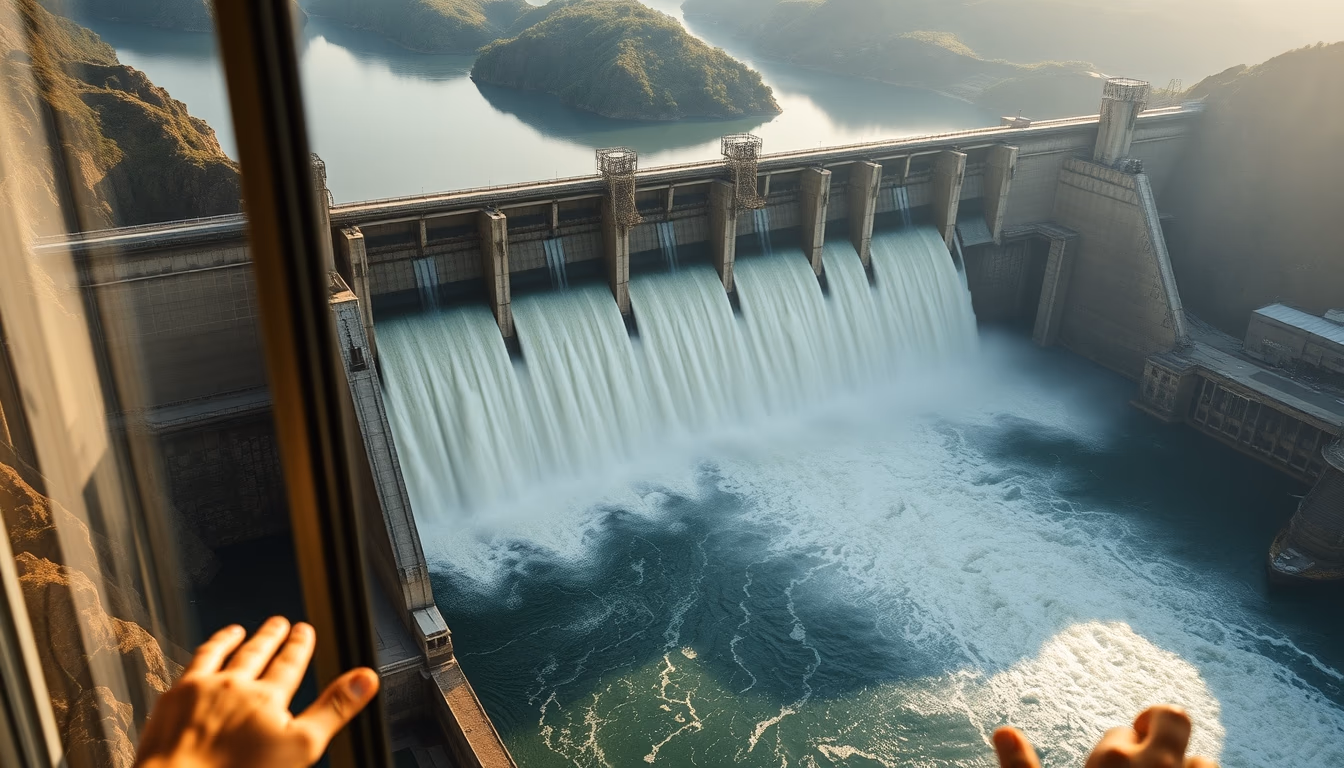 Itaipu hydroelectric dam aerial view with massive water release in editorial style