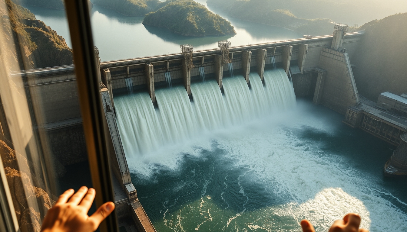 Itaipu hydroelectric dam aerial view with massive water release in editorial style