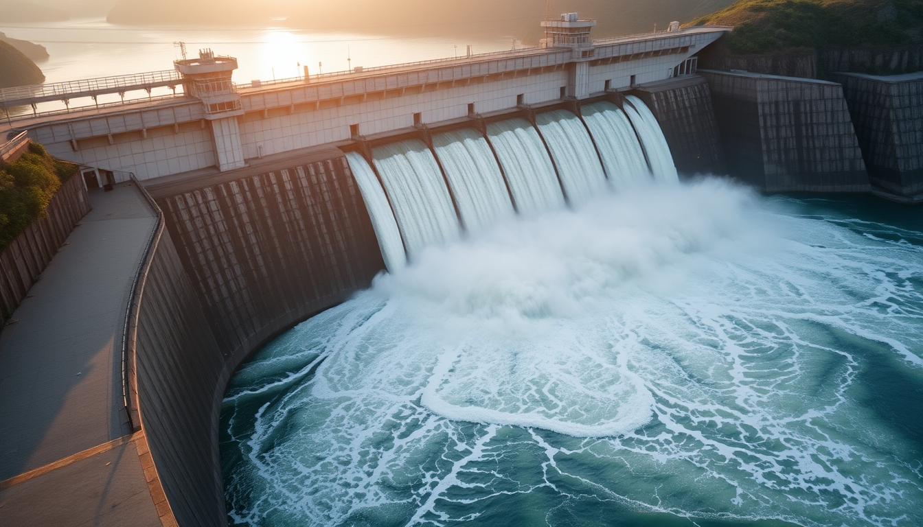 Itaipu hydroelectric dam aerial view with massive water release in editorial style
