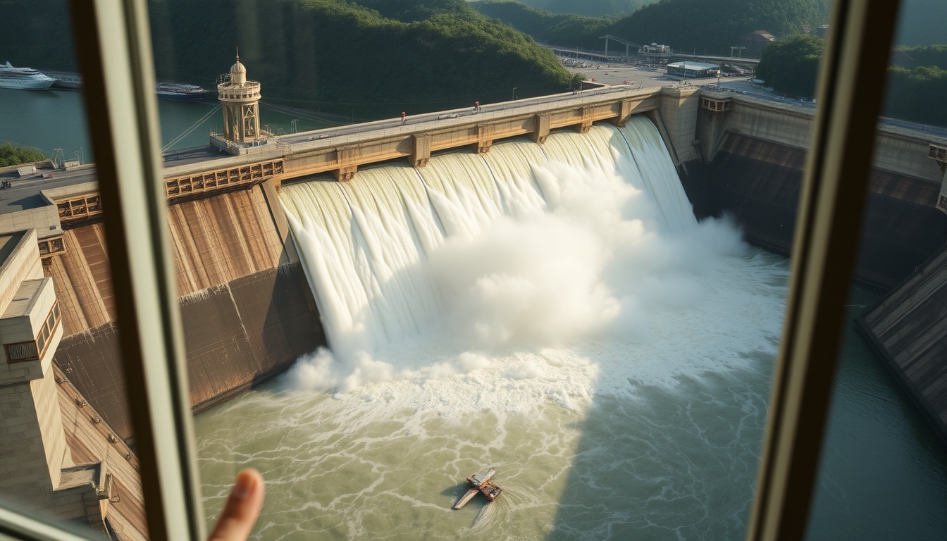 Itaipu hydroelectric dam aerial view with massive water release in editorial style