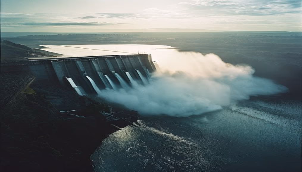 Itaipu hydroelectric dam aerial view with massive water release in editorial style