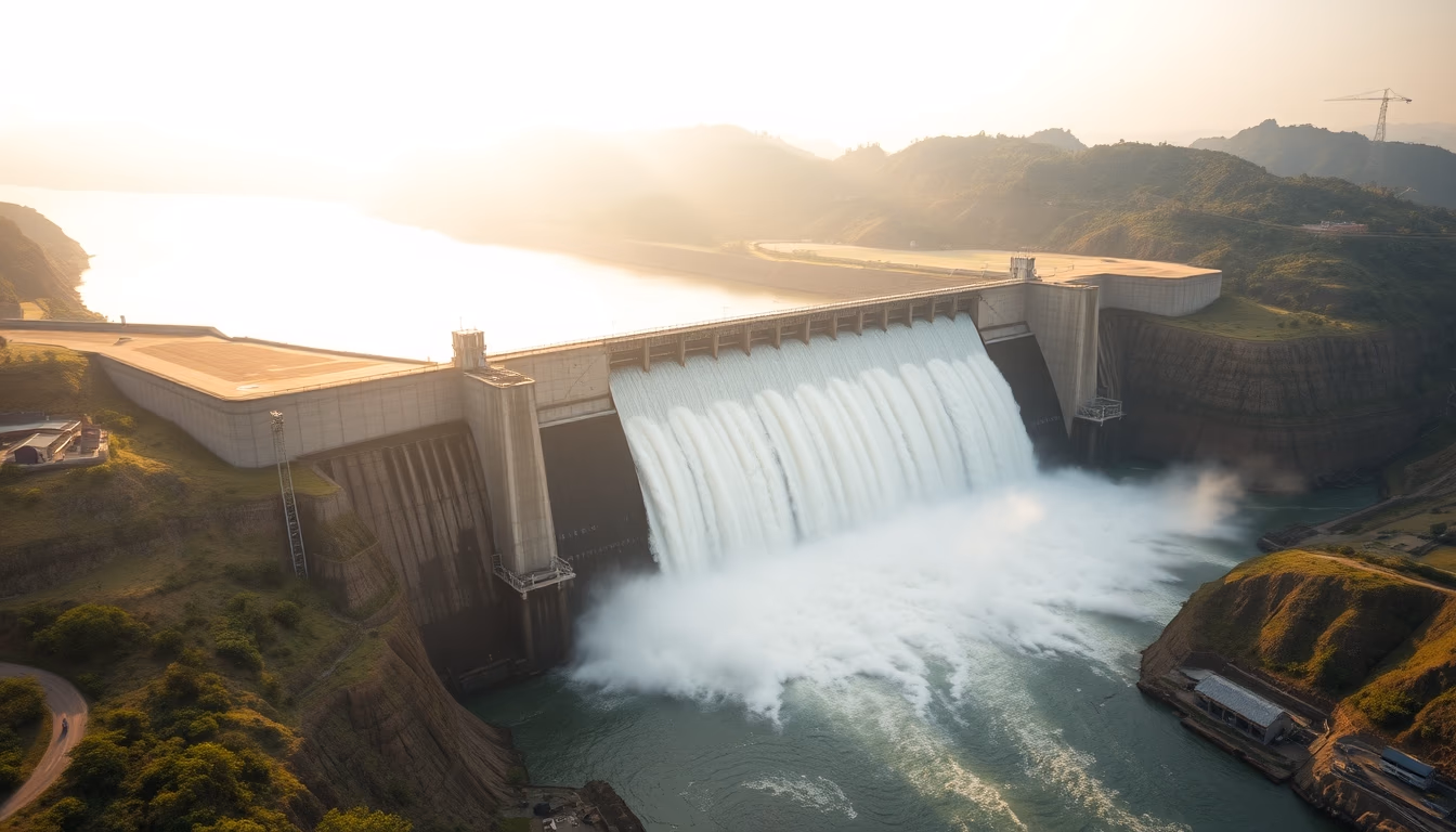 Itaipu hydroelectric dam aerial view with massive water release in editorial style