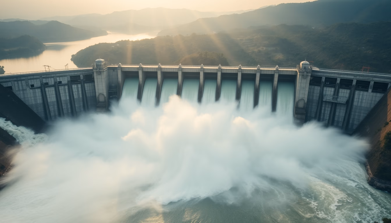 Itaipu hydroelectric dam aerial view with massive water release in editorial style