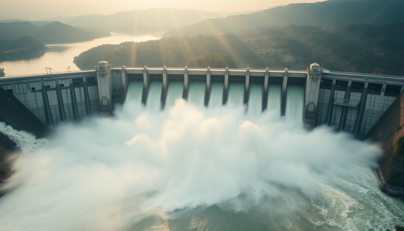 Itaipu hydroelectric dam aerial view with massive water release in editorial style
