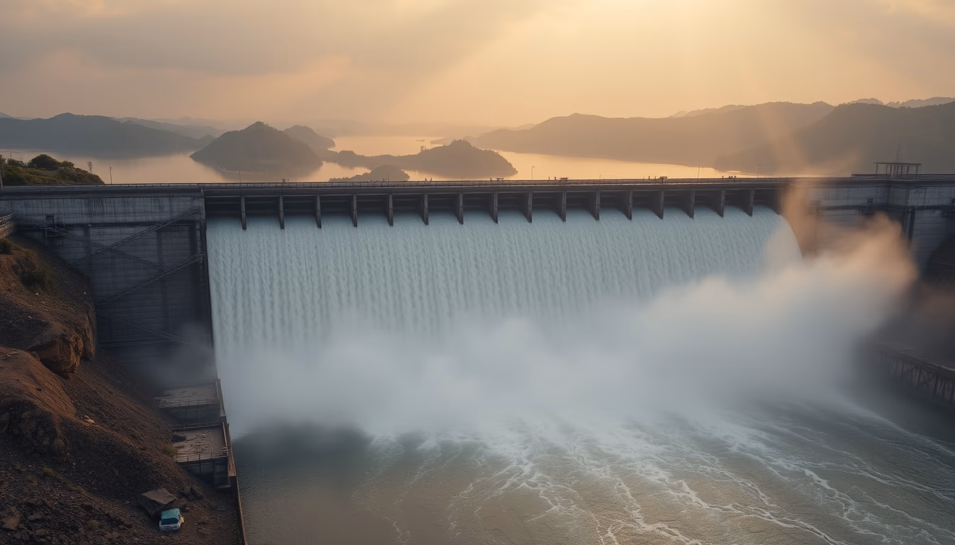 Itaipu hydroelectric dam aerial view with massive water release in editorial style