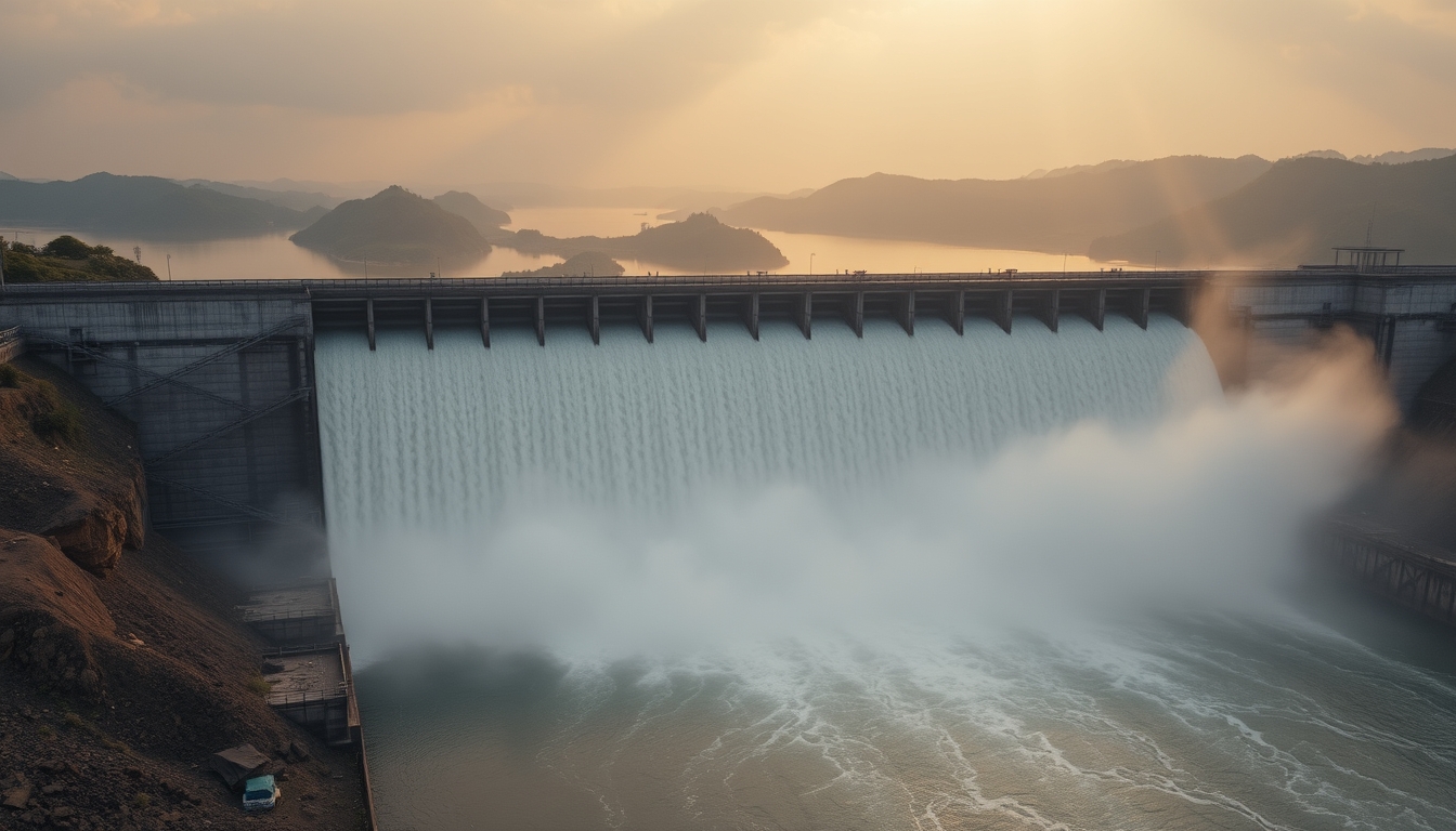 Itaipu hydroelectric dam aerial view with massive water release in editorial style