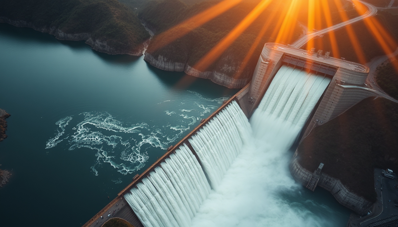 Itaipu hydroelectric dam aerial view with massive water release in editorial style