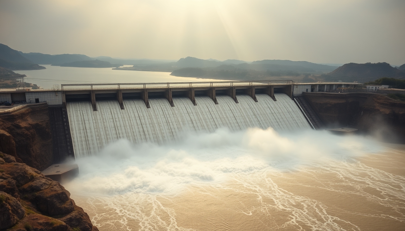 Itaipu hydroelectric dam aerial view with massive water release in editorial style