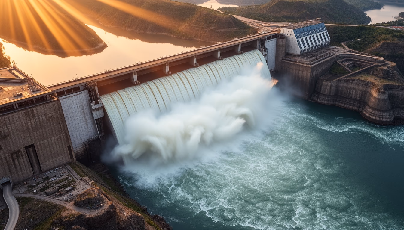 Itaipu hydroelectric dam aerial view with massive water release in editorial style