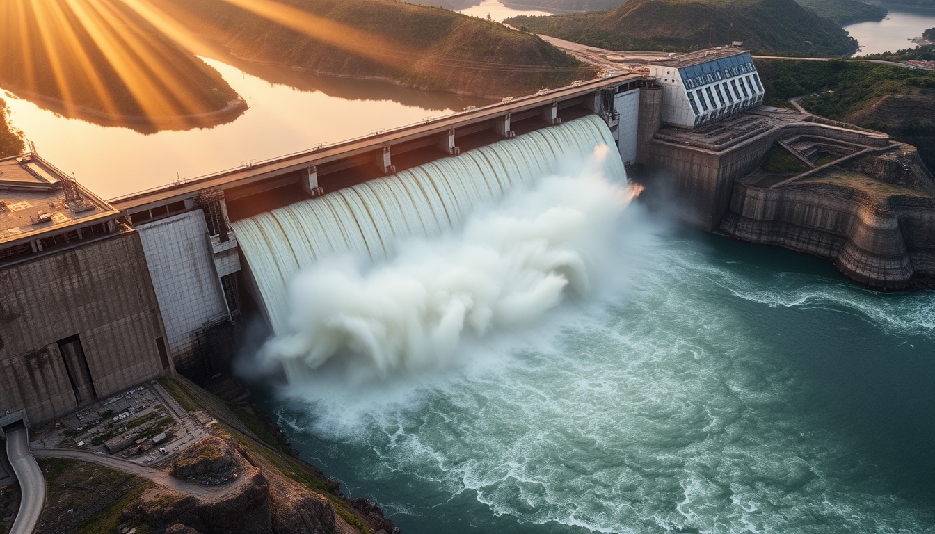 Itaipu hydroelectric dam aerial view with massive water release in editorial style
